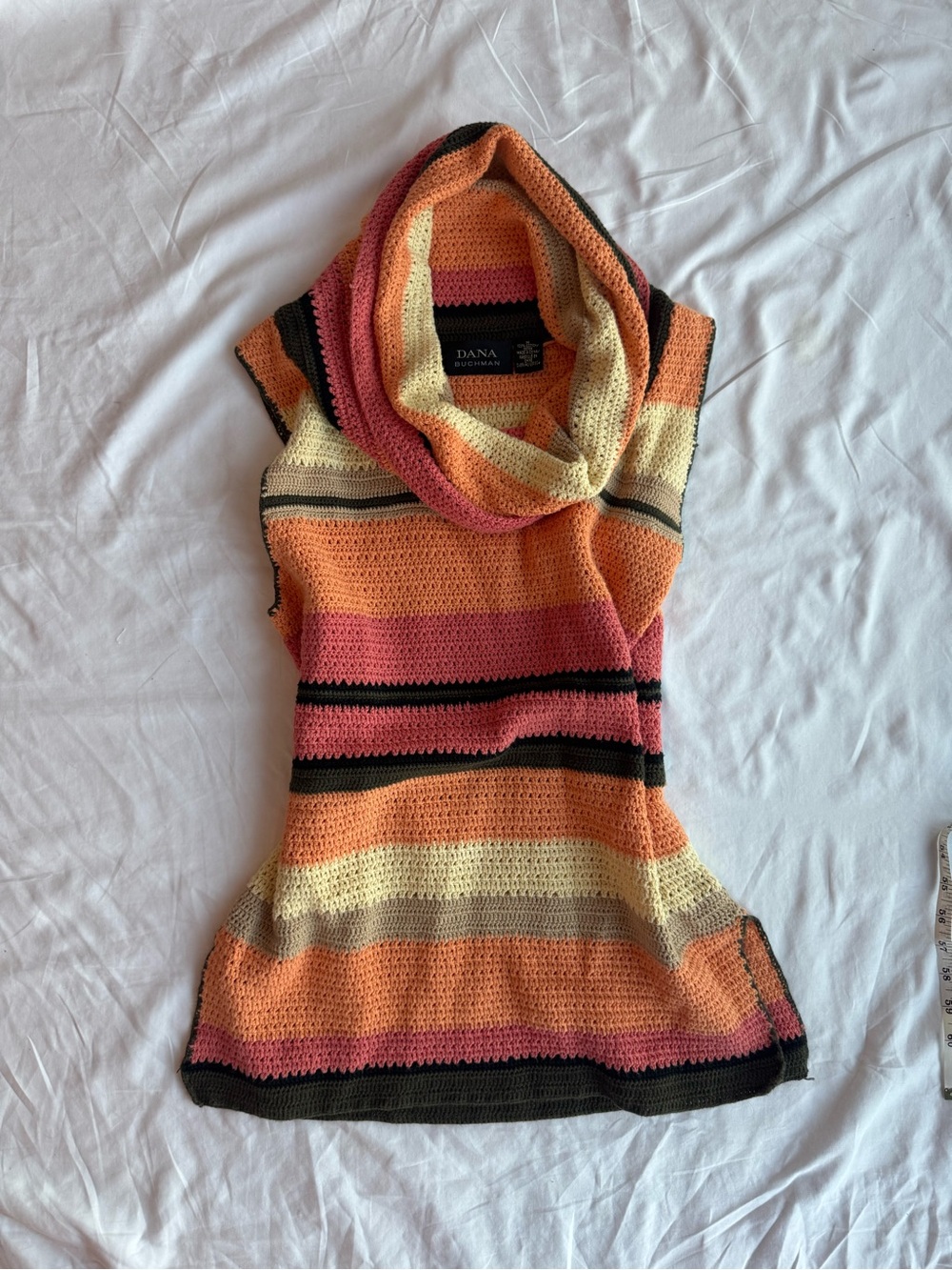 VTG Dana Buchman Striped Crochet Cowl Neck Sweater Tank Top Boho Hippie Cottage